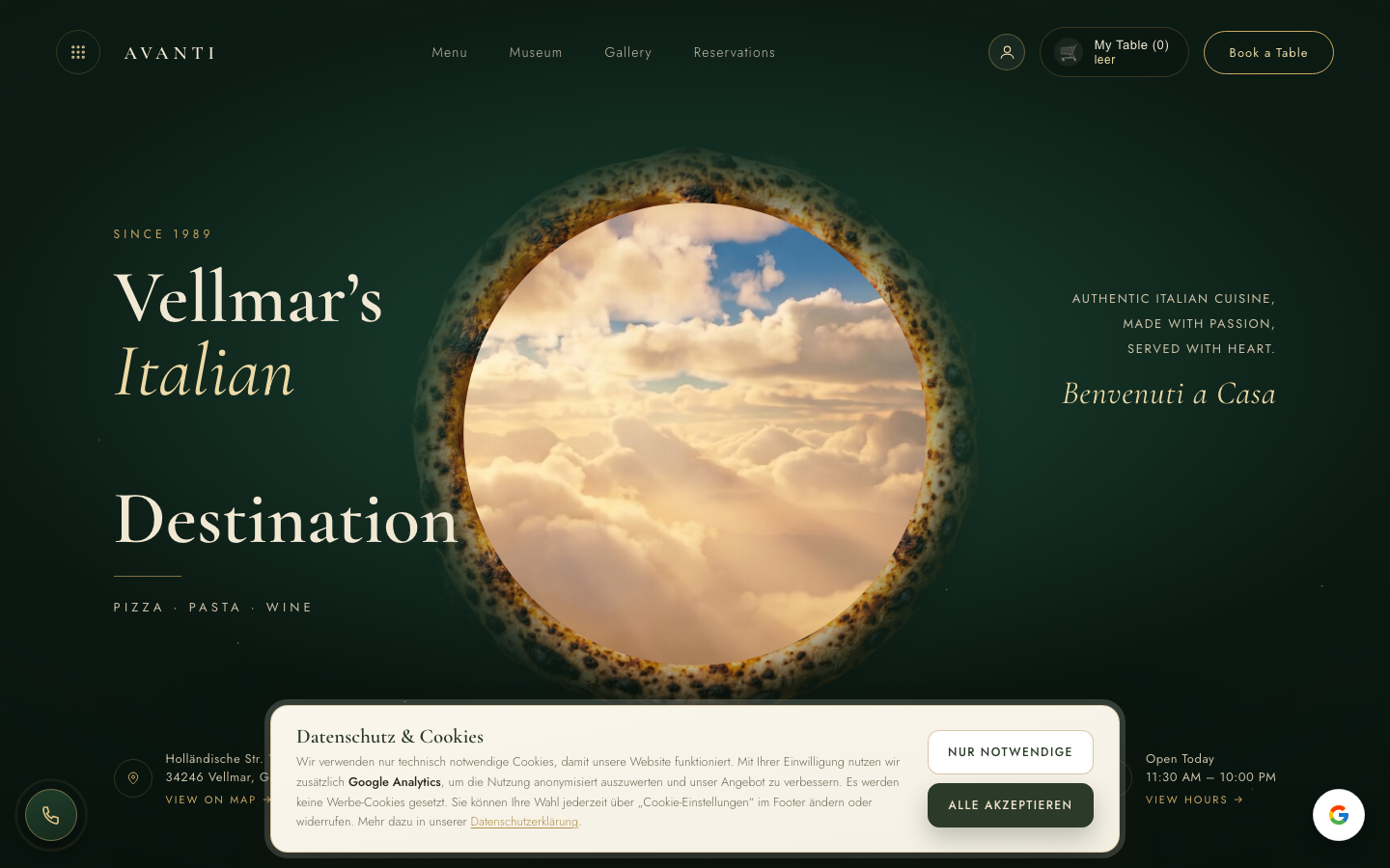 The live Avanti restaurant website by VISION.X